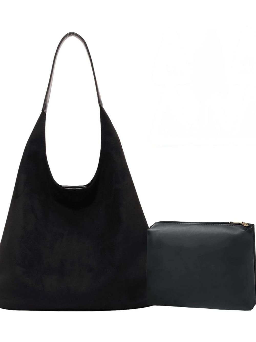 Faux Suede Black Slouchy Hobo Bag with Pouch